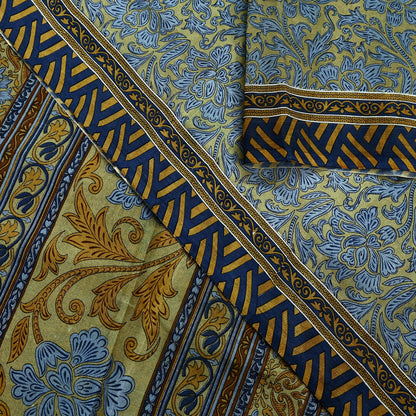 Indian Vintage Sari Green & Gray Pure Silk Printed Sarees Craft Fabric 5yd Sewing Dress Making Floral Crafting Quilting Upcycle Used