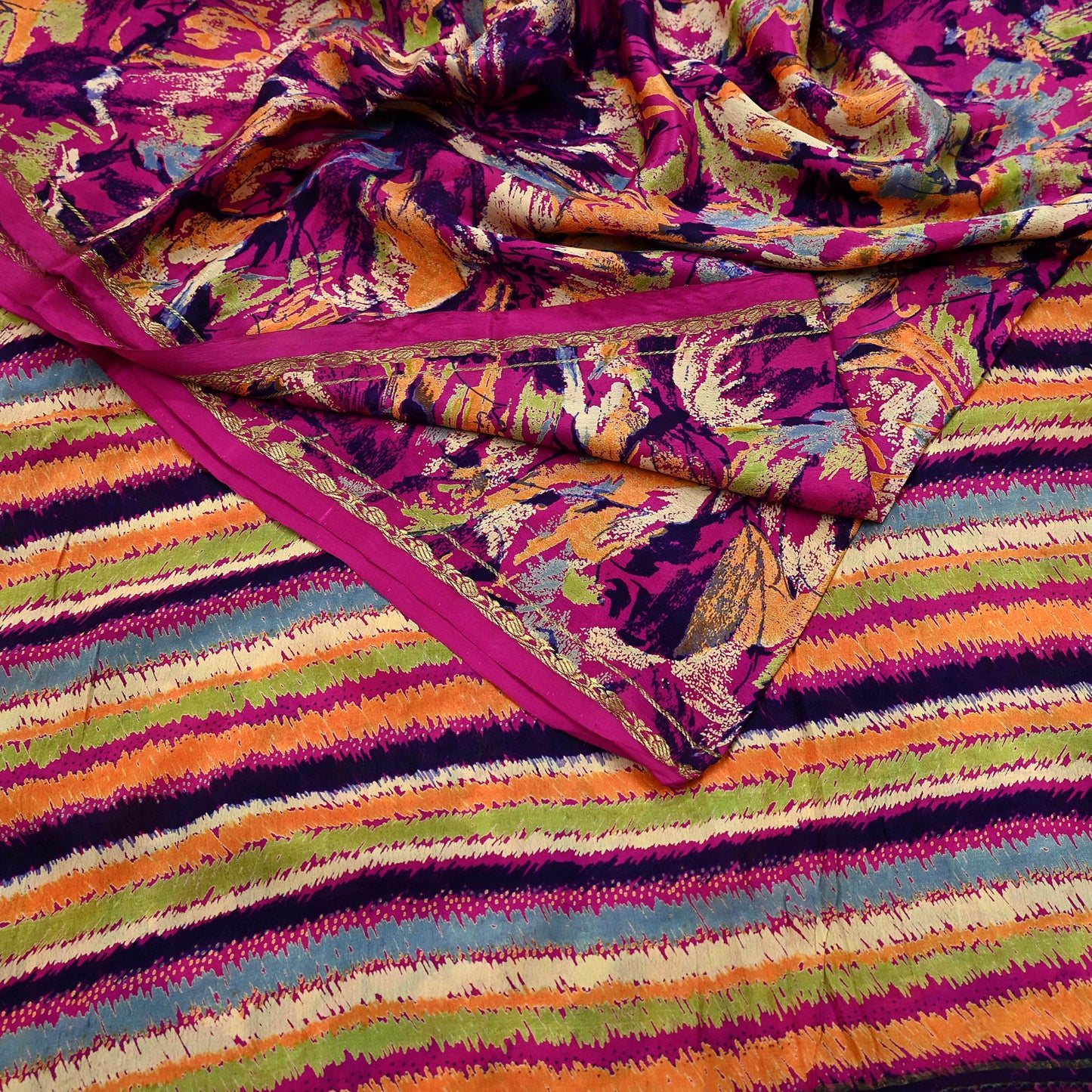 Indian Vintage Sari Purple 100% Pure Silk Printed Sarees 5yd Sewing Craft Fabric Dress Making Soft Wrap Floral Crafting Quilting Upcycle