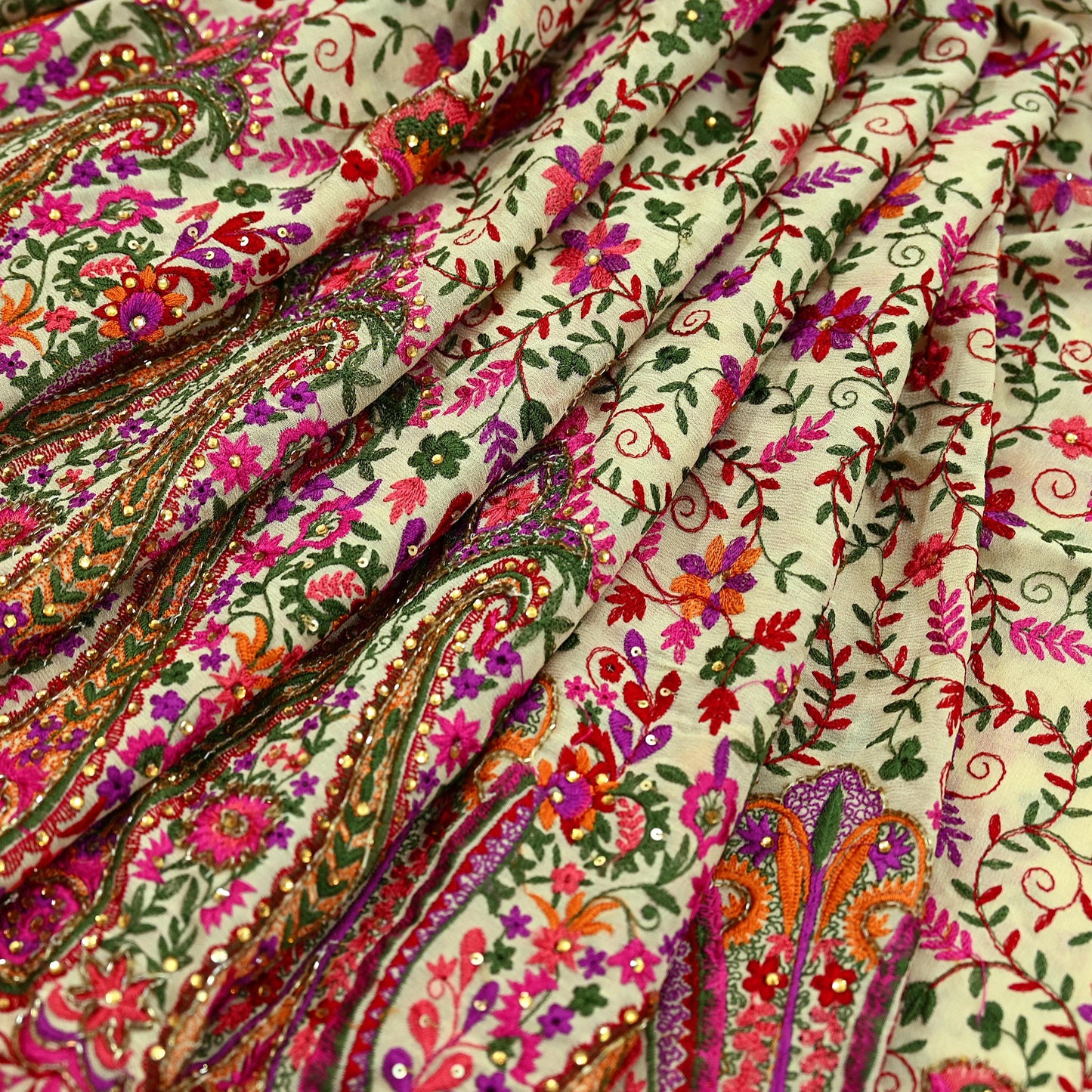 Indian Pre-owned Heavy Sari Beige Pure Georgette Silk Hand Embroidered Sarees Designer Abu Jani 5Yd Sewing Ethnic Sarees