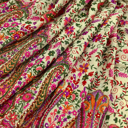 Indian Pre-owned Heavy Sari Beige Pure Georgette Silk Hand Embroidered Sarees Designer Abu Jani 5Yd Sewing Ethnic Sarees