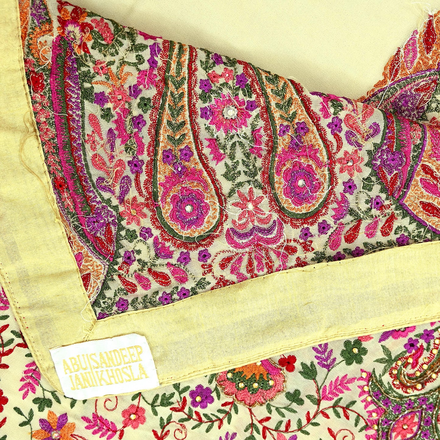 Indian Pre-owned Heavy Sari Beige Pure Georgette Silk Hand Embroidered Sarees Designer Abu Jani 5Yd Sewing Ethnic Sarees
