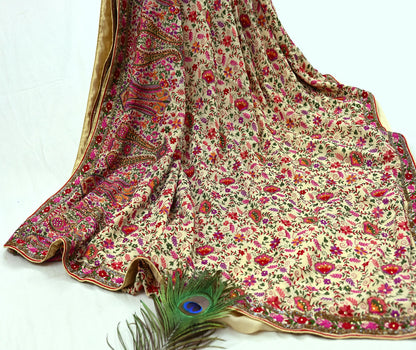 Indian Pre-owned Heavy Sari Beige Pure Georgette Silk Hand Embroidered Sarees Designer Abu Jani 5Yd Sewing Ethnic Sarees