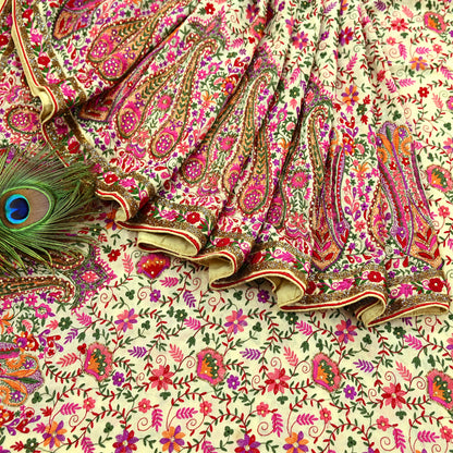 Indian Pre-owned Heavy Sari Beige Pure Georgette Silk Hand Embroidered Sarees Designer Abu Jani 5Yd Sewing Ethnic Sarees