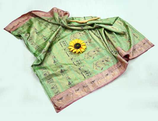 Antique look Indian Vintage Green Woven Baluchari Sari Sarees 100% Pure Silk Sari Craft Fabric Metallic Zari 5Yd Dress making For Crafting