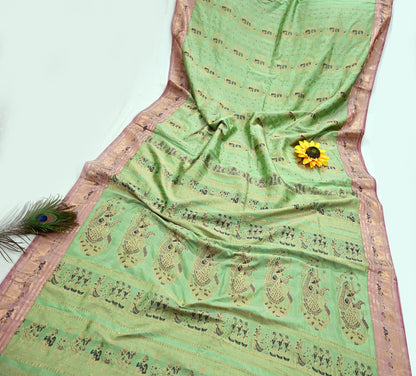 Antique look Indian Vintage Green Woven Baluchari Sari Sarees 100% Pure Silk Sari Craft Fabric Metallic Zari 5Yd Dress making For Crafting