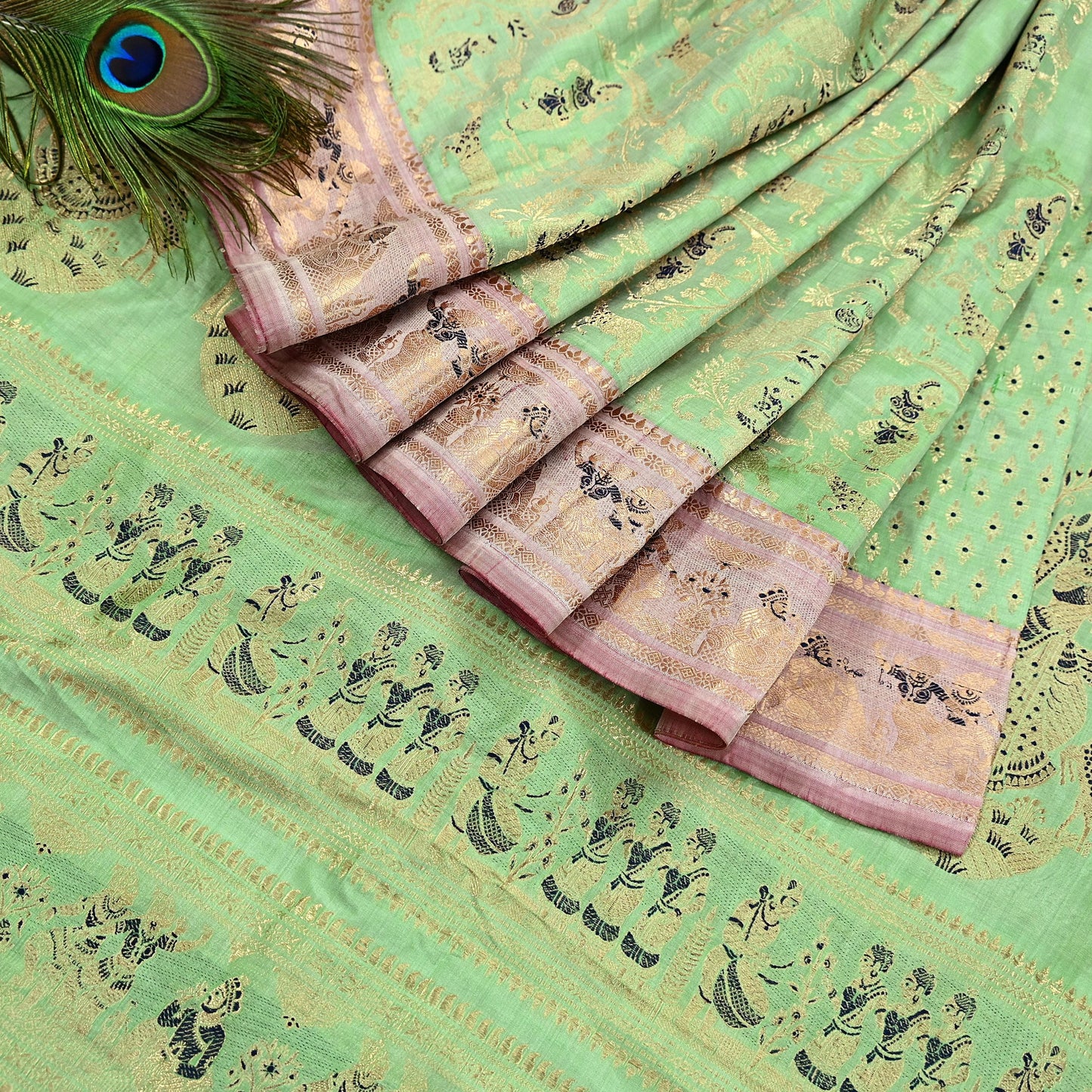 Antique look Indian Vintage Green Woven Baluchari Sari Sarees 100% Pure Silk Sari Craft Fabric Metallic Zari 5Yd Dress making For Crafting