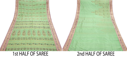 Antique look Indian Vintage Green Woven Baluchari Sari Sarees 100% Pure Silk Sari Craft Fabric Metallic Zari 5Yd Dress making For Crafting