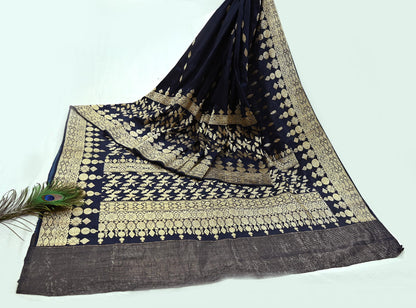 64 years old Indian Antique Vintage Heavy Wedding Sari Deep Blue Pure Silk Hand Woven Banarasi Sarees Zari 5Yd Pre-owned Dress Designing