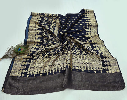 64 years old Indian Antique Vintage Heavy Wedding Sari Deep Blue Pure Silk Hand Woven Banarasi Sarees Zari 5Yd Pre-owned Dress Designing