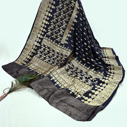 64 years old Indian Antique Vintage Heavy Wedding Sari Deep Blue Pure Silk Hand Woven Banarasi Sarees Zari 5Yd Pre-owned Dress Designing