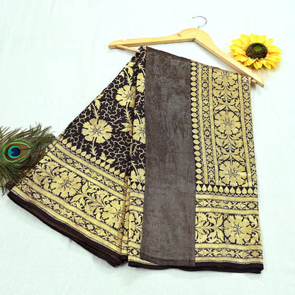 64 years old Indian Antique Vintage Heavy Wedding Sari Brown Pure Silk Hand Woven Banarasi Sarees Zari 5Yd Pre-owned Dress Designing
