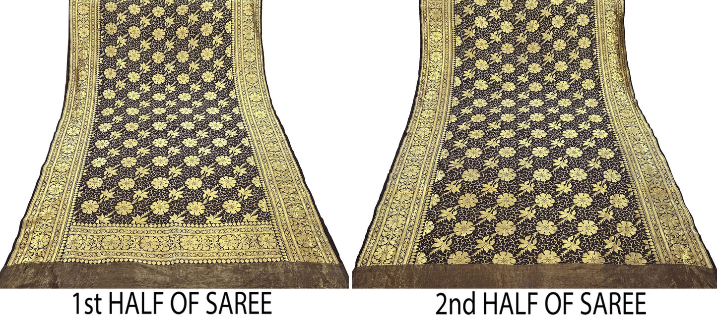 64 years old Indian Antique Vintage Heavy Wedding Sari Brown Pure Silk Hand Woven Banarasi Sarees Zari 5Yd Pre-owned Dress Designing
