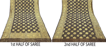 64 years old Indian Antique Vintage Heavy Wedding Sari Brown Pure Silk Hand Woven Banarasi Sarees Zari 5Yd Pre-owned Dress Designing
