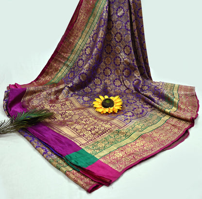 Indian Antique Vintage Heavy Wedding Sari Purple Pure Satin Silk Hand Woven Banarasi Sarees Zari 5Yd Pre-owned Designing