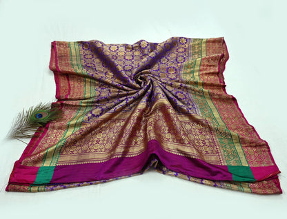 Indian Antique Vintage Heavy Wedding Sari Purple Pure Satin Silk Hand Woven Banarasi Sarees Zari 5Yd Pre-owned Designing