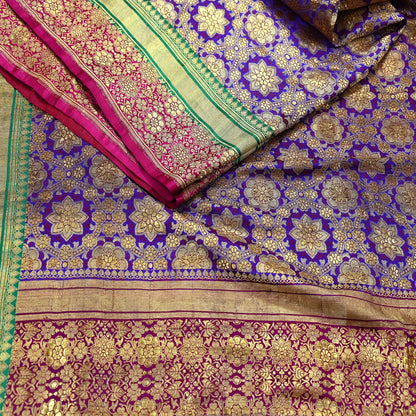 Indian Antique Vintage Heavy Wedding Sari Purple Pure Satin Silk Hand Woven Banarasi Sarees Zari 5Yd Pre-owned Designing