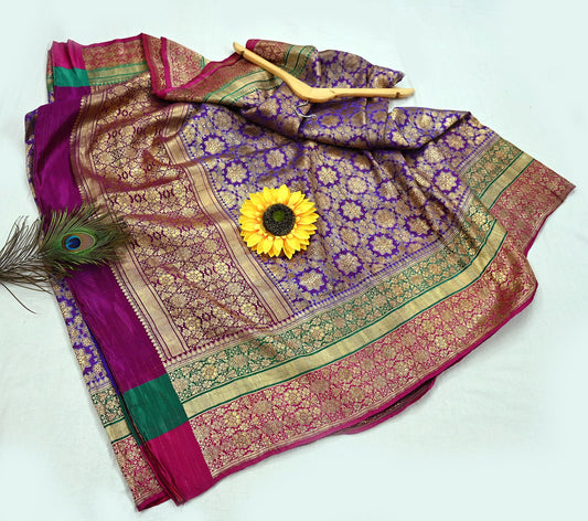 Indian Antique Vintage Heavy Wedding Sari Purple Pure Satin Silk Hand Woven Banarasi Sarees Zari 5Yd Pre-owned Designing