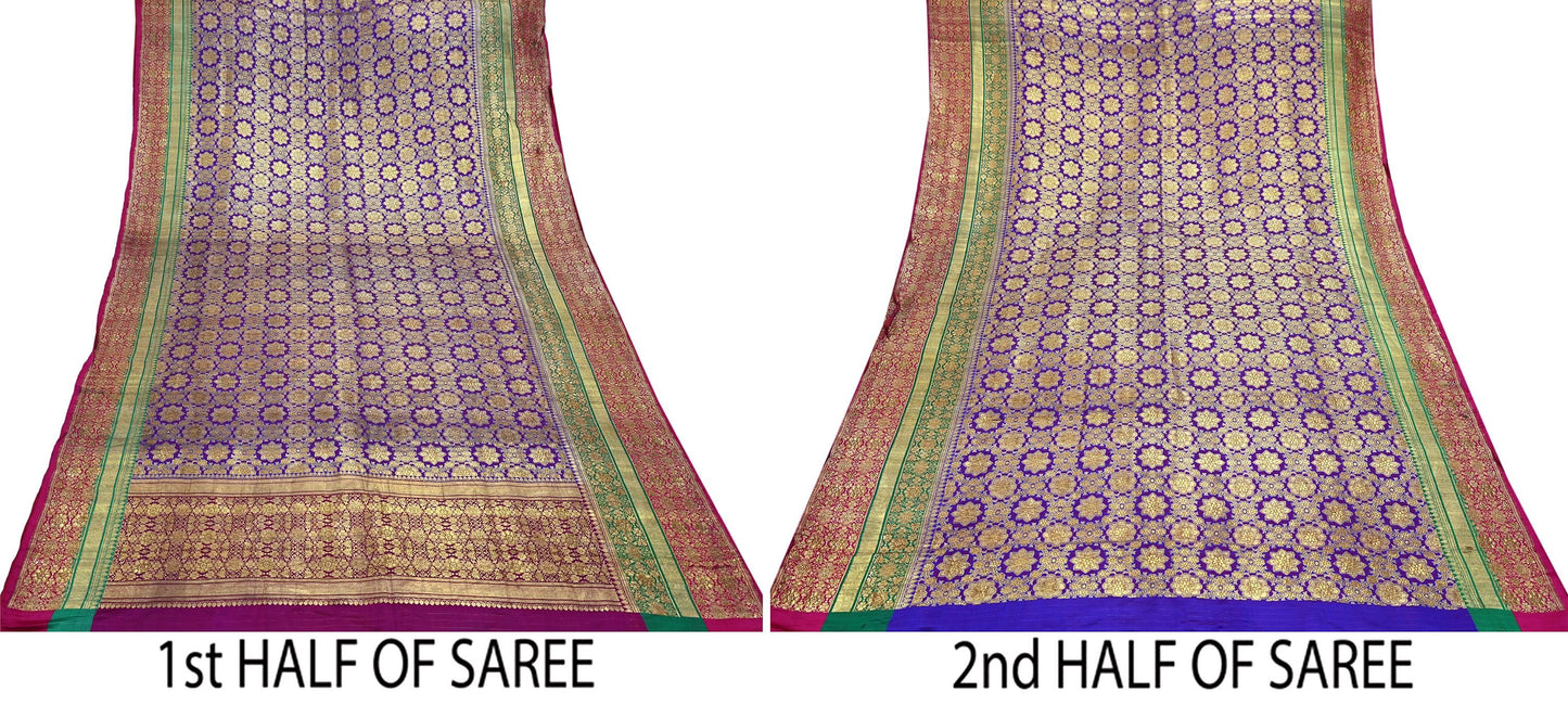 Indian Antique Vintage Heavy Wedding Sari Purple Pure Satin Silk Hand Woven Banarasi Sarees Zari 5Yd Pre-owned Designing