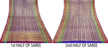 Indian Antique Vintage Heavy Wedding Sari Purple Pure Satin Silk Hand Woven Banarasi Sarees Zari 5Yd Pre-owned Designing
