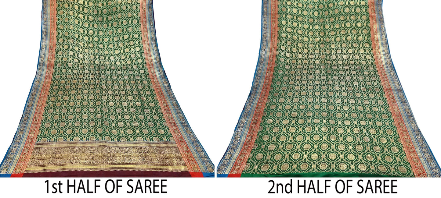 Indian Antique Vintage Heavy Wedding Sari Green Pure Satin Silk Hand Woven Banarasi Sarees Zari 5Yd Pre-owned Designing