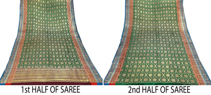 Indian Antique Vintage Heavy Wedding Sari Green Pure Satin Silk Hand Woven Banarasi Sarees Zari 5Yd Pre-owned Designing