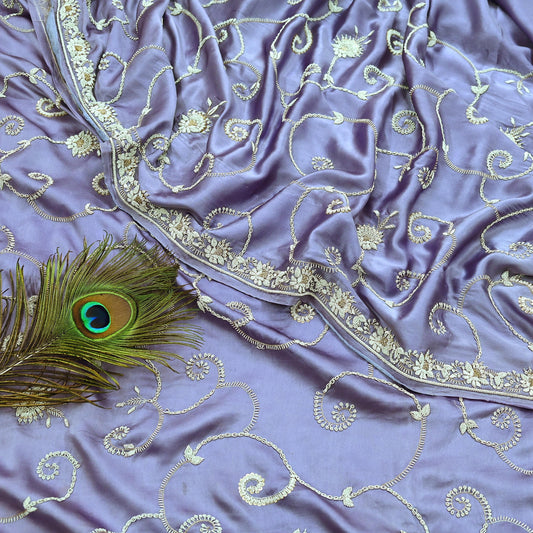 Indian Vintage Heavy Saree Purple 100% Pure Satin Silk Hand Embroidered Sari Fabric 6Yd Sewing Soft Zardozi/Dabka Dress Making Quilting