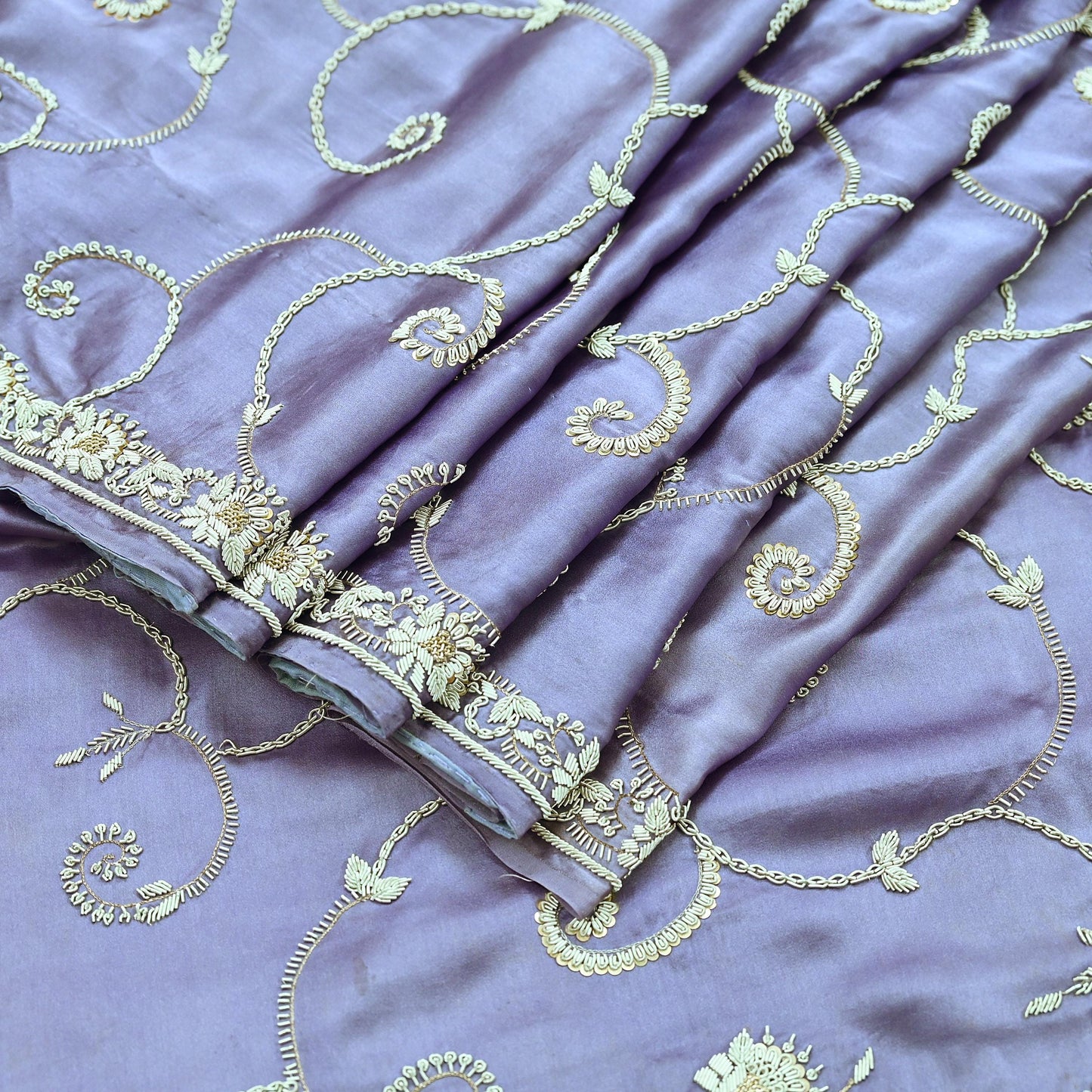 Indian Vintage Heavy Saree Purple 100% Pure Satin Silk Hand Embroidered Sari Fabric 6Yd Sewing Soft Zardozi/Dabka Dress Making Quilting