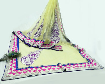 Indian Pre-owned Sari Yellow Net/Mesh Hand Embroidered Anamika Khanna Designer Sarees Ethnic 6Yd Zardozi/Dabka Zari Wedding Sarees