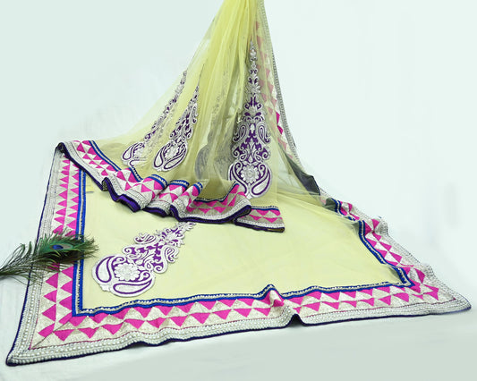 Indian Pre-owned Sari Yellow Net/Mesh Hand Embroidered Anamika Khanna Designer Sarees Ethnic 6Yd Zardozi/Dabka Zari Wedding Sarees