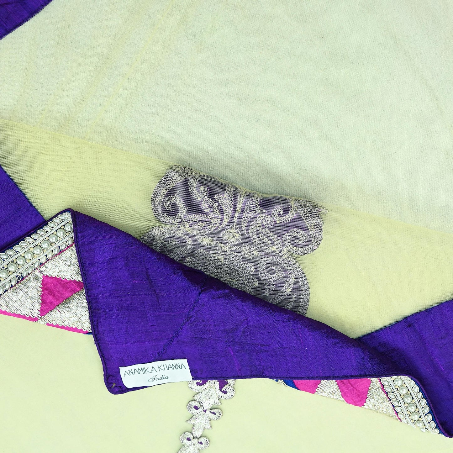 Indian Pre-owned Sari Yellow Net/Mesh Hand Embroidered Anamika Khanna Designer Sarees Ethnic 6Yd Zardozi/Dabka Zari Wedding Sarees
