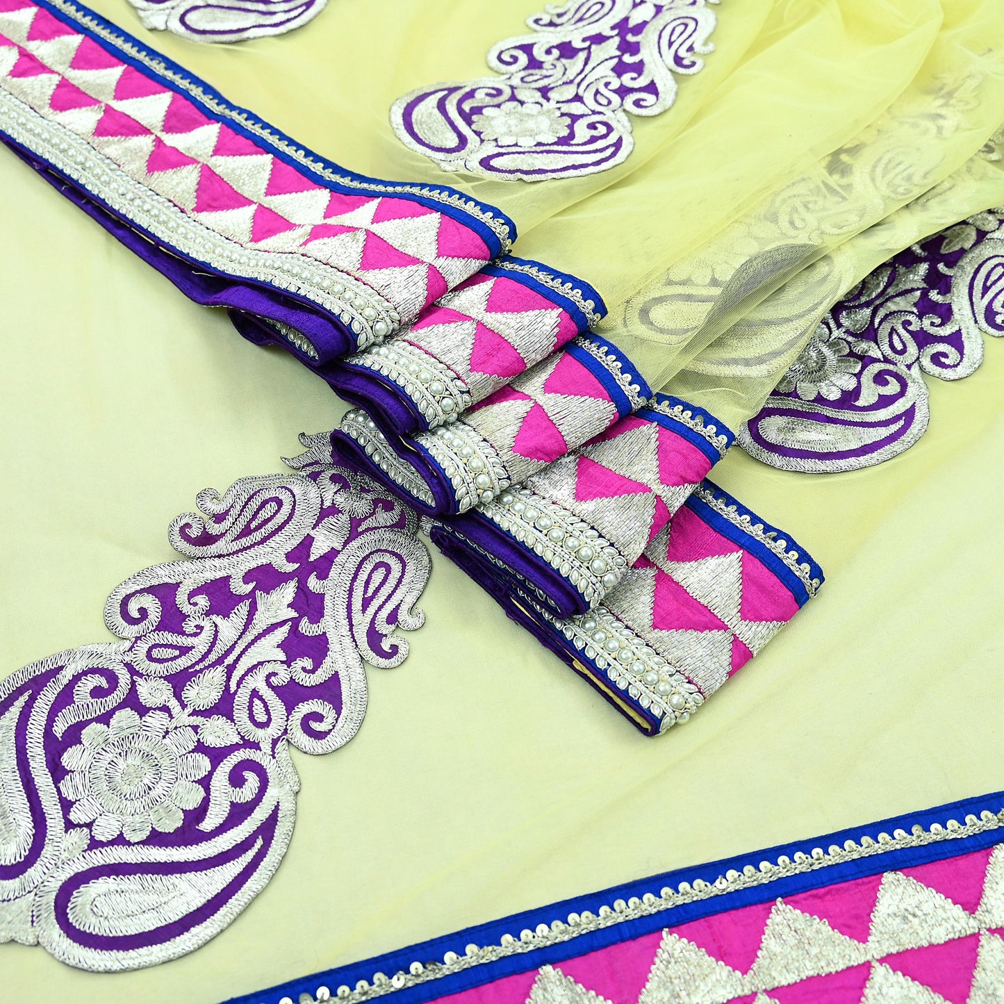 Indian Pre-owned Sari Yellow Net/Mesh Hand Embroidered Anamika Khanna Designer Sarees Ethnic 6Yd Zardozi/Dabka Zari Wedding Sarees