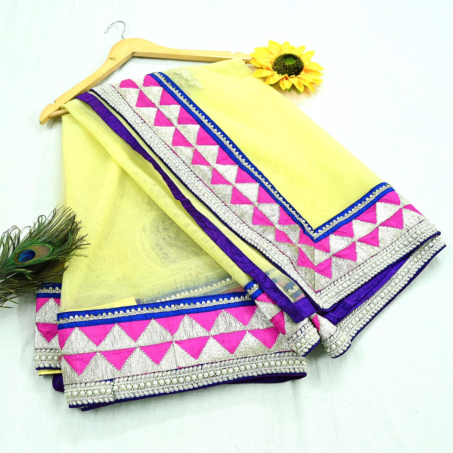 Indian Pre-owned Sari Yellow Net/Mesh Hand Embroidered Anamika Khanna Designer Sarees Ethnic 6Yd Zardozi/Dabka Zari Wedding Sarees