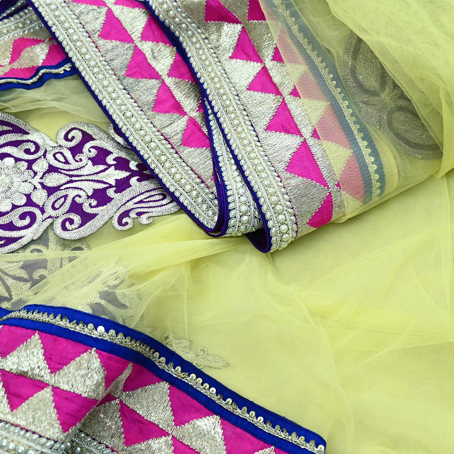 Indian Pre-owned Sari Yellow Net/Mesh Hand Embroidered Anamika Khanna Designer Sarees Ethnic 6Yd Zardozi/Dabka Zari Wedding Sarees