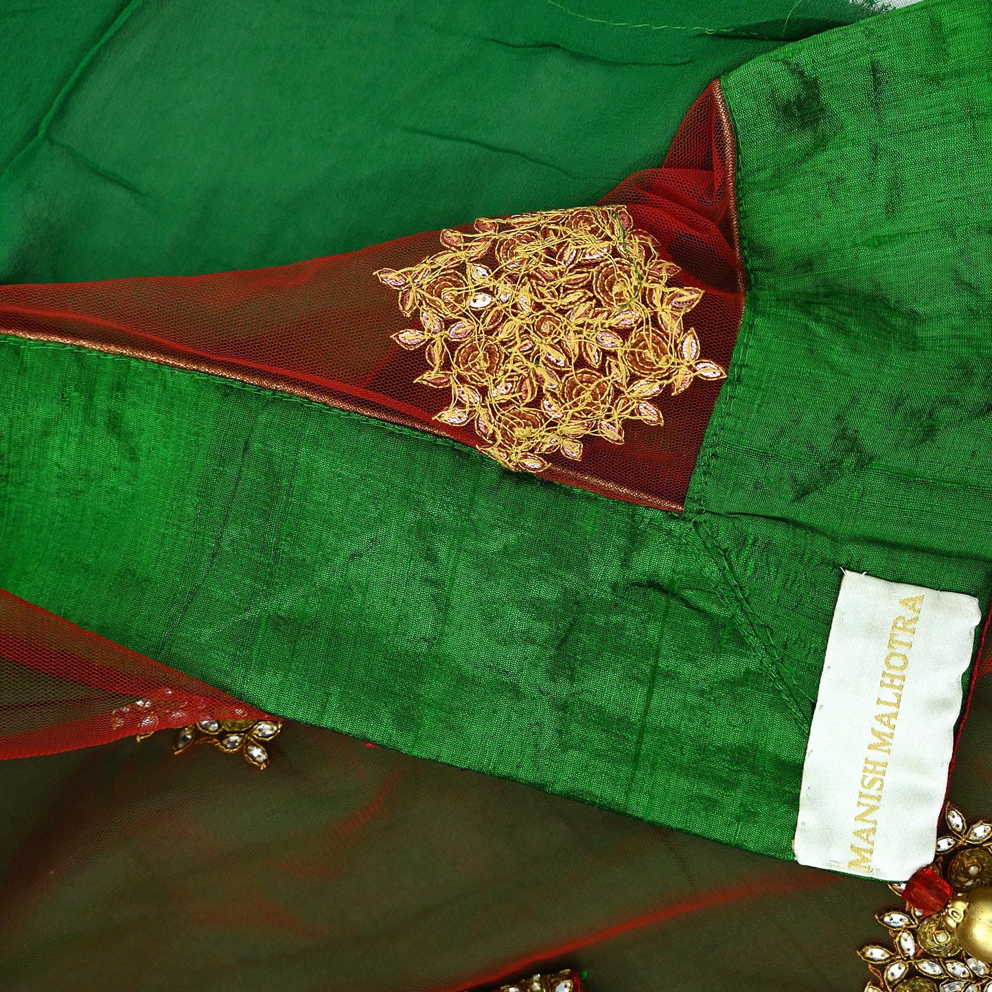 Indian Pre-Owned Sari Red & Green Net/Mesh Hand Embroidered Designer Manish Malhotra Lehenga Sarees Ethnic Zardozi/Dabka Zari Wedding Sarees
