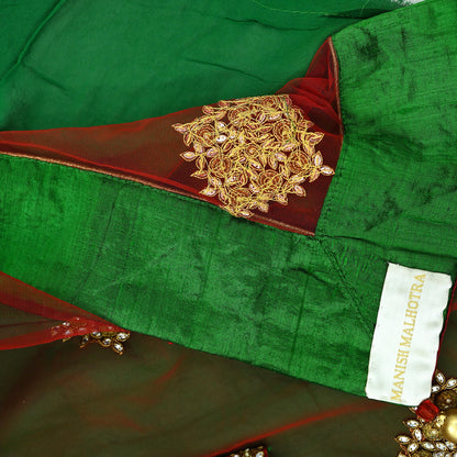 Indian Pre-Owned Sari Red & Green Net/Mesh Hand Embroidered Designer Manish Malhotra Lehenga Sarees Ethnic Zardozi/Dabka Zari Wedding Sarees