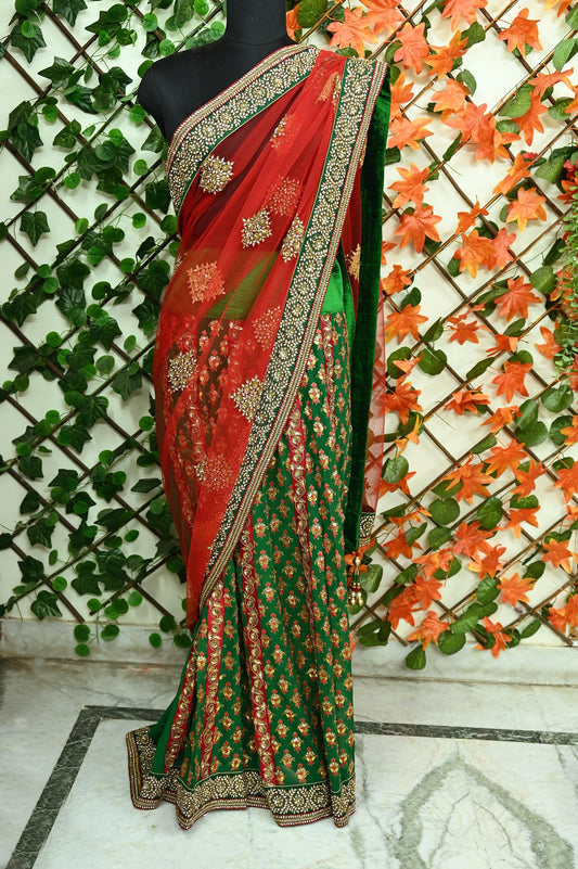 Indian Pre-Owned Sari Red & Green Net/Mesh Hand Embroidered Designer Manish Malhotra Lehenga Sarees Ethnic Zardozi/Dabka Zari Wedding Sarees