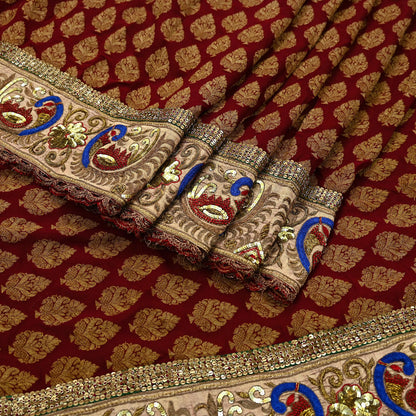 Indian Pre-Owned Sari Maroon Pure Georgette Silk Hand Embroidered Designer Manish Malhotra Sarees Ethnic Zardozi/Dabka Zari Wedding Saree