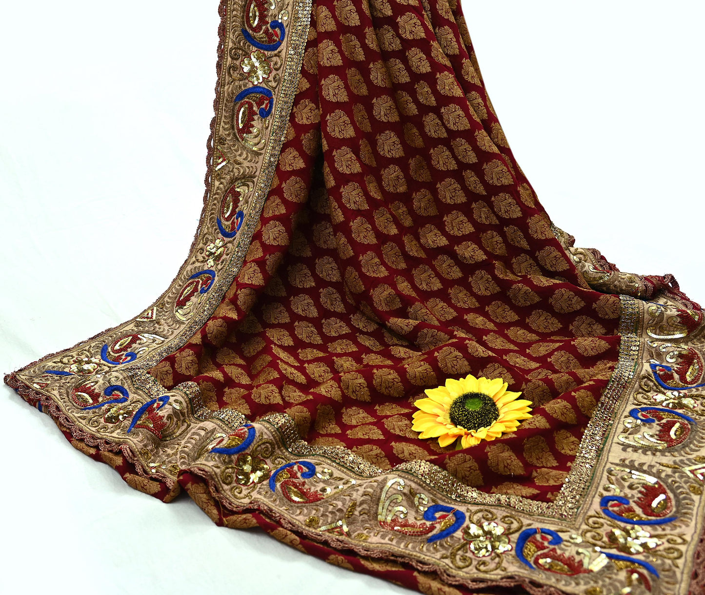 Indian Pre-Owned Sari Maroon Pure Georgette Silk Hand Embroidered Designer Manish Malhotra Sarees Ethnic Zardozi/Dabka Zari Wedding Saree