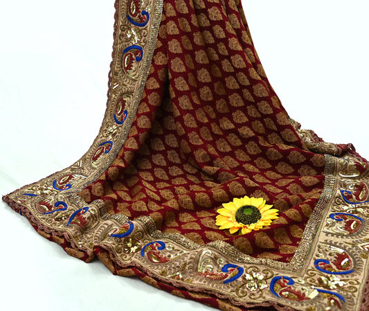 Indian Pre-Owned Sari Maroon Pure Georgette Silk Hand Embroidered Designer Manish Malhotra Sarees Ethnic Zardozi/Dabka Zari Wedding Saree