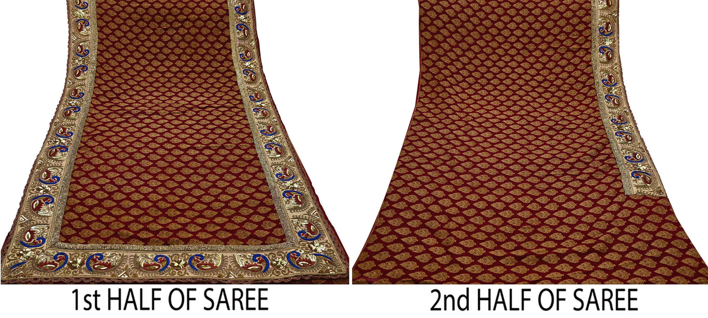 Indian Pre-Owned Sari Maroon Pure Georgette Silk Hand Embroidered Designer Manish Malhotra Sarees Ethnic Zardozi/Dabka Zari Wedding Saree