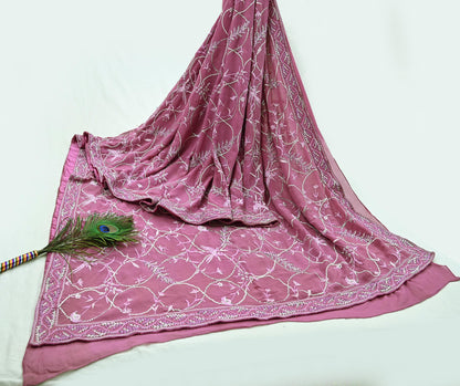 Indian Pre-owned Heavy Sari Pink Pure Georgette Silk Hand Embroidered Sarees Designer Abu Jani 6Yd Sewing Ethnic Bollywood Designer Sarees