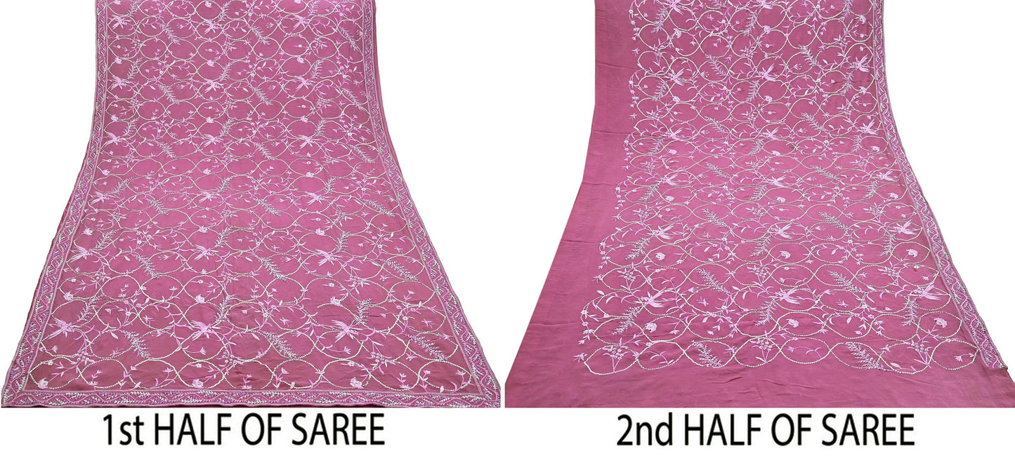 Indian Pre-owned Heavy Sari Pink Pure Georgette Silk Hand Embroidered Sarees Designer Abu Jani 6Yd Sewing Ethnic Bollywood Designer Sarees