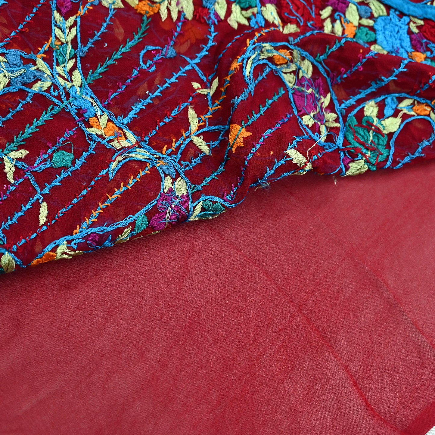 Indian Vintage Heavy Sari Red Pure Georgette Silk Hand Embroidered Parsi Gara Sarees Craft Fabric 5Yd Sewing Dress making Wedding Crafting