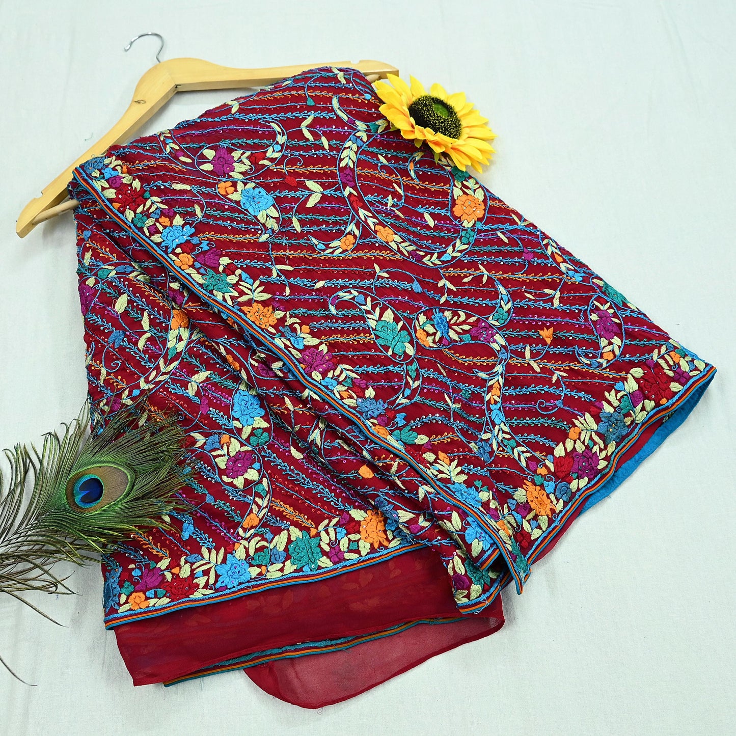 Indian Vintage Heavy Sari Red Pure Georgette Silk Hand Embroidered Parsi Gara Sarees Craft Fabric 5Yd Sewing Dress making Wedding Crafting