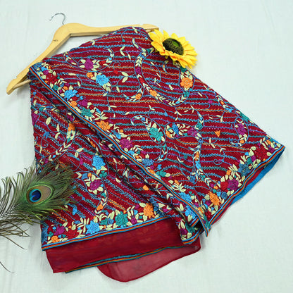 Indian Vintage Heavy Sari Red Pure Georgette Silk Hand Embroidered Parsi Gara Sarees Craft Fabric 5Yd Sewing Dress making Wedding Crafting