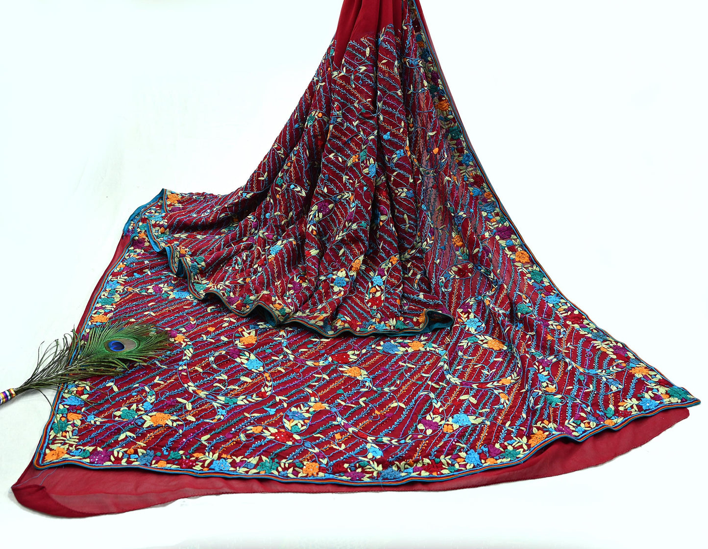 Indian Vintage Heavy Sari Red Pure Georgette Silk Hand Embroidered Parsi Gara Sarees Craft Fabric 5Yd Sewing Dress making Wedding Crafting