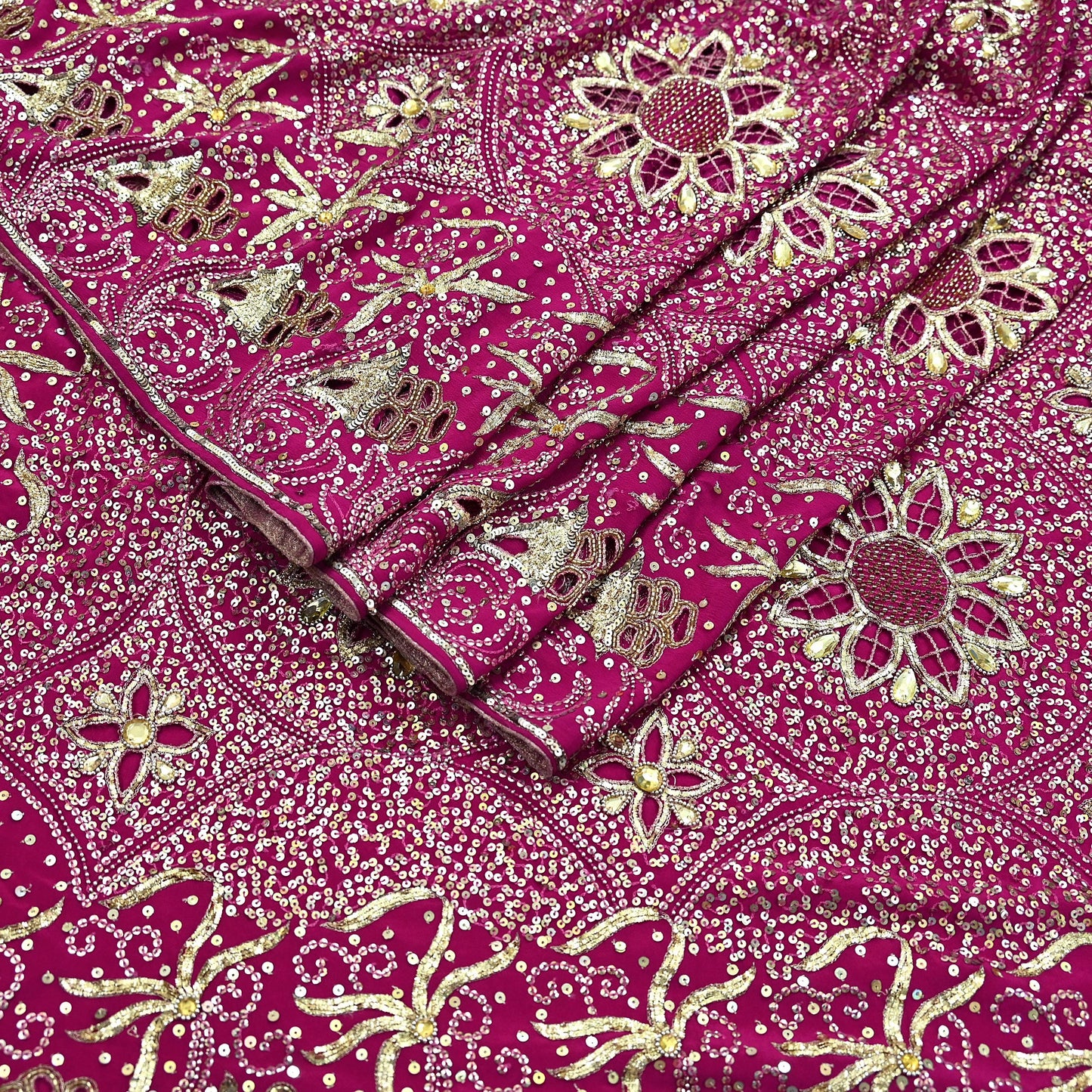 Indian Vintage Pink Saree Pure Crepe Silk Hand Embroidered Sari Fabric 5Yd Sewing Soft Zardozi/Dabka Dress making Dress Designing Crafting