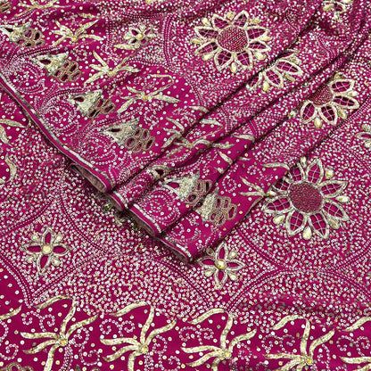 Indian Vintage Pink Saree Pure Crepe Silk Hand Embroidered Sari Fabric 5Yd Sewing Soft Zardozi/Dabka Dress making Dress Designing Crafting