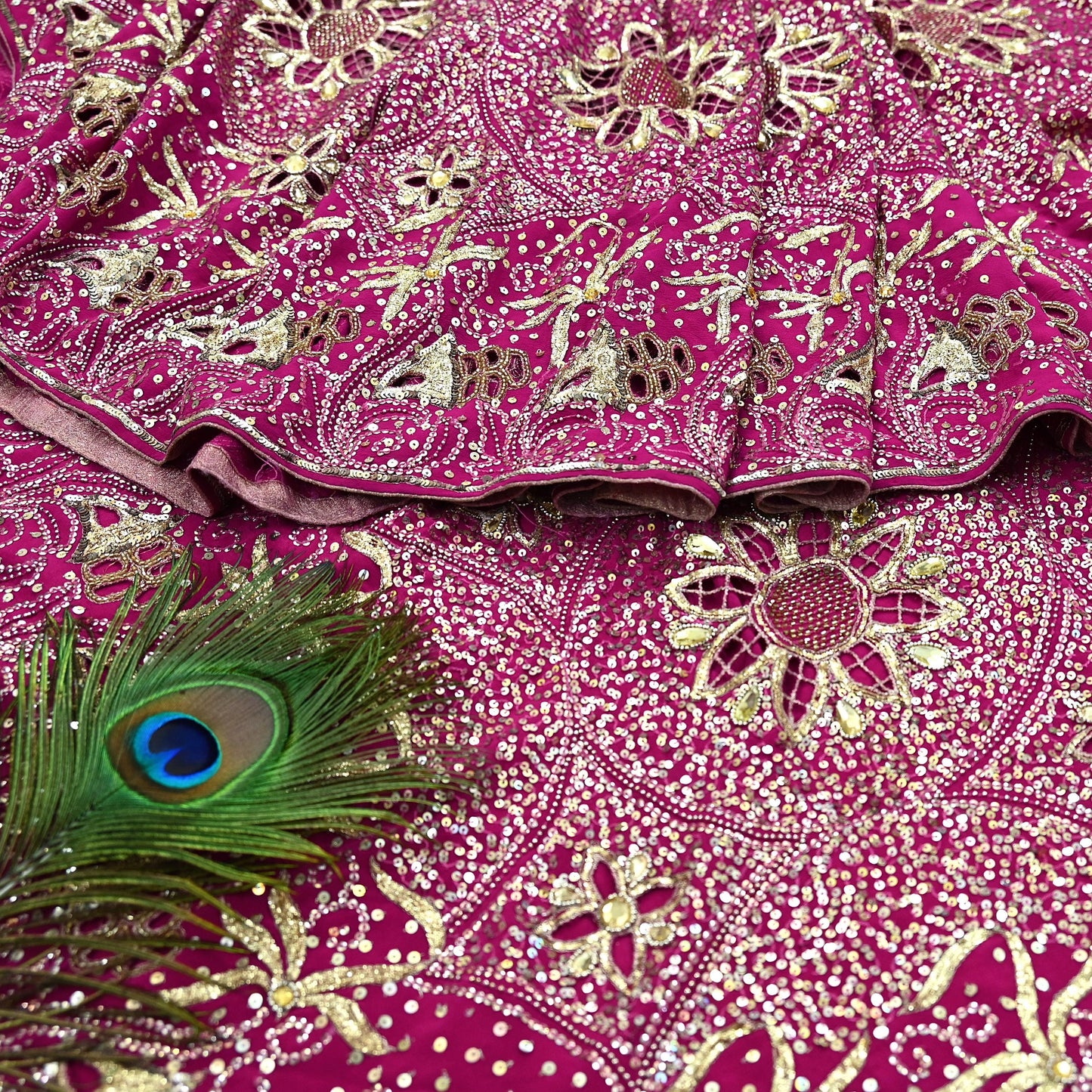 Indian Vintage Pink Saree Pure Crepe Silk Hand Embroidered Sari Fabric 5Yd Sewing Soft Zardozi/Dabka Dress making Dress Designing Crafting