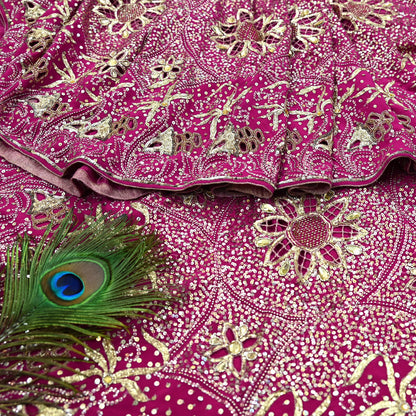 Indian Vintage Pink Saree Pure Crepe Silk Hand Embroidered Sari Fabric 5Yd Sewing Soft Zardozi/Dabka Dress making Dress Designing Crafting